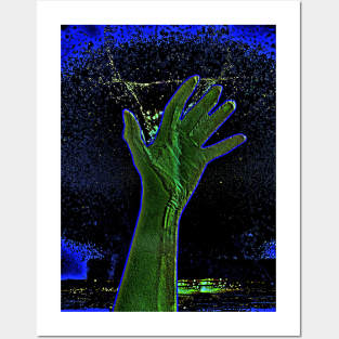 Digital collage and special processing. Hand reaching stars. Monster or great friend. Blue and green, very psychedelic. Posters and Art